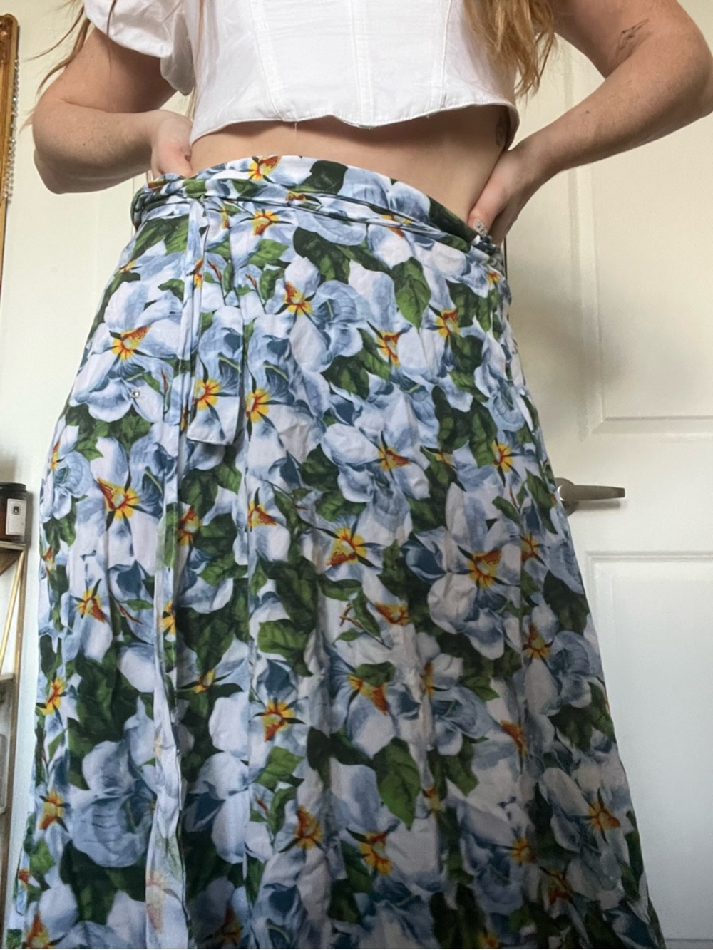 American Apparel (2010s) Floral Wrap Maxi Skirt - White & Green